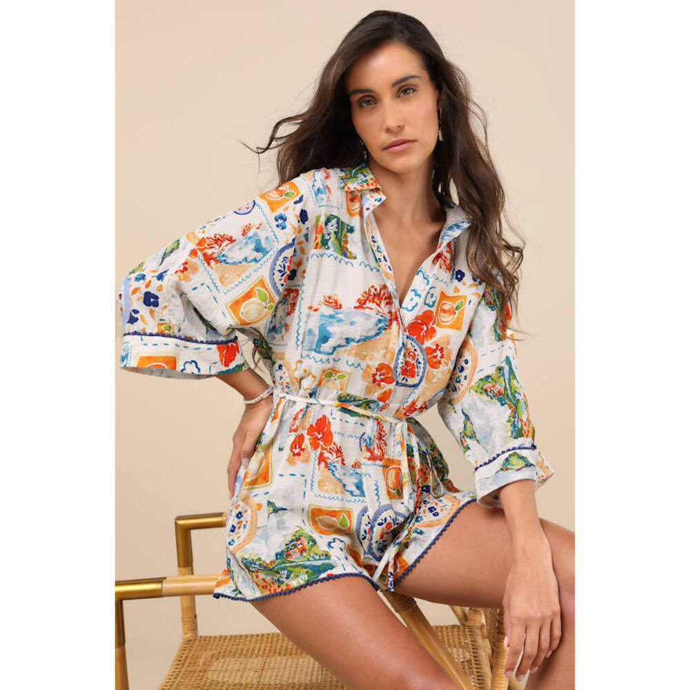 Lulus Azzurra Ivory Multi Print Three-quarter Sleeve Romper White - Size S